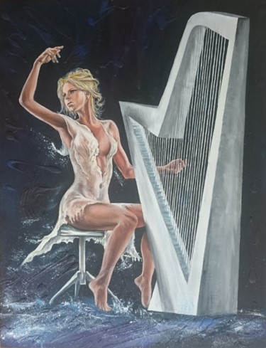 Ζωγραφική με τίτλο "Woman playing the l…" από Katerina Evgenieva, Αυθεντικά έργα τέχνης, Λάδι