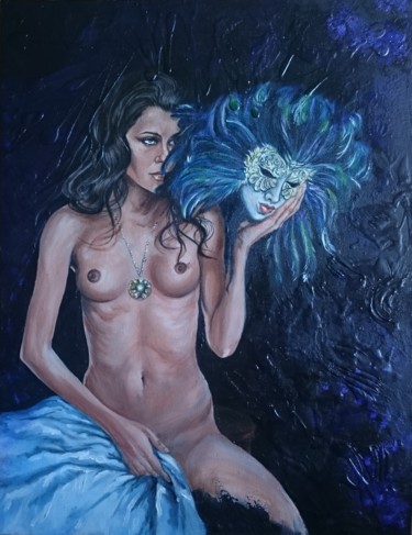 Painting titled "Woman with the mask" by Katerina Evgenieva, Original Artwork, Oil
