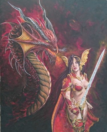 「Dragon and warrior」というタイトルの絵画 Katerina Evgenievaによって, オリジナルのアートワーク, オイル