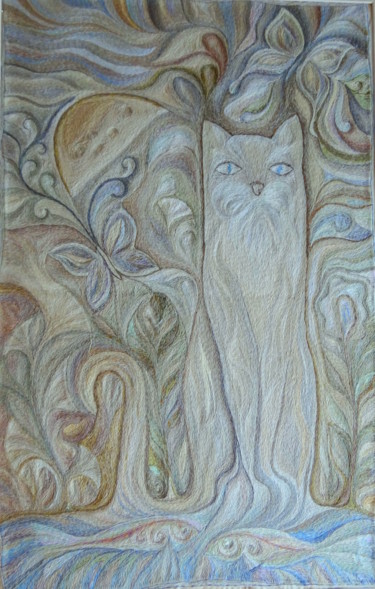 Textielkunst getiteld "Лунный кот мечтающи…" door Aleksandr Bo, Origineel Kunstwerk, Borduurwerk