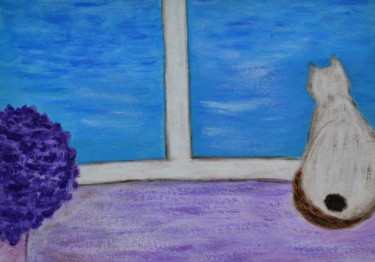 Картина под названием "Кошка у голубого ок…" - Наталья Трошина, Подлинное произведение искусства, Акрил
