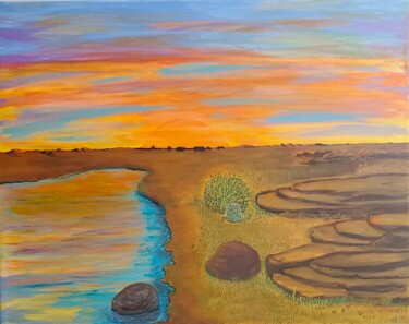 「Sunset at the Wash」というタイトルの絵画 Troy Wilson-Ripsomによって, オリジナルのアートワーク, アクリル ウッドストレッチャーフレームにマウント