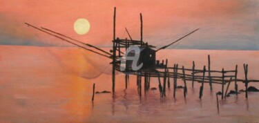Pittura intitolato "Trabocco all'alba" da Gian Piero Trucco, Opera d'arte originale, Olio