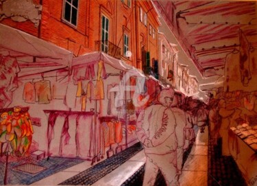 Pittura intitolato "Mercato in via Roma…" da Gian Piero Trucco, Opera d'arte originale, Olio