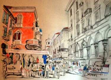 Painting titled "Mercato a Fossano" by Gian Piero Trucco, Original Artwork, Oil