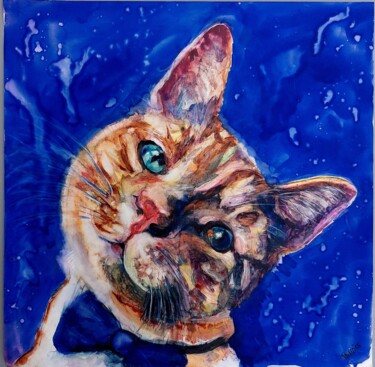 Pintura intitulada "Portrait orange cat" por Trudy Colette, Obras de arte originais, Aquarela