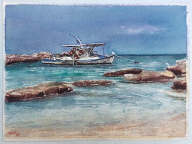 Pintura intitulada "boat in sea greece" por Trudy Colette, Obras de arte originais, Aquarela