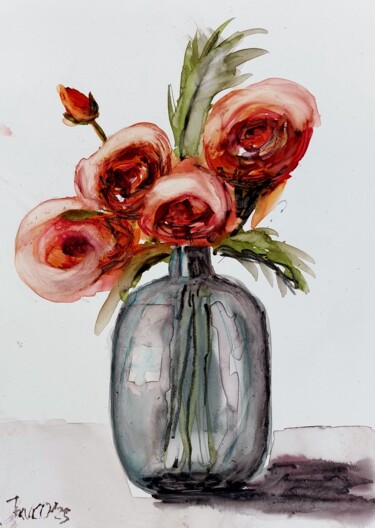 Painting titled "Flowers in Bottle" by Trudy Colette, Original Artwork, Watercolor