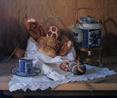 Painting titled "Булочки" by Tschumakov Sergey, Original Artwork, Oil Mounted on Wood Stretcher frame