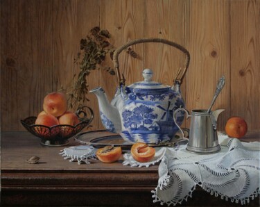 Painting titled "Абрикосы и чайник" by Tschumakov Sergey, Original Artwork, Oil Mounted on Wood Stretcher frame