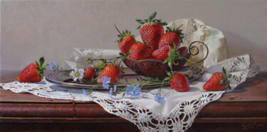 Painting titled "Erdbeeren" by Tschumakov Sergey, Original Artwork, Oil Mounted on Wood Stretcher frame