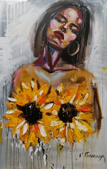 Painting titled "Girl with sunflowers" by Aliaksandra Tsesarskaya, Original Artwork, Acrylic