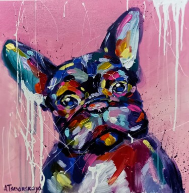 Painting titled "Adorable french bul…" by Aliaksandra Tsesarskaya, Original Artwork, Acrylic Mounted on Wood Stretcher frame