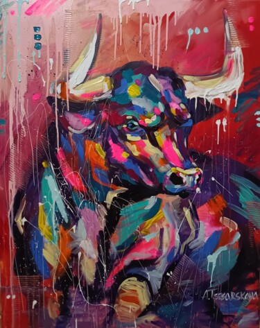 Painting titled "Bull" by Aliaksandra Tsesarskaya, Original Artwork, Acrylic Mounted on Wood Stretcher frame