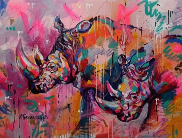 Картина под названием "Rhino love" - Aliaksandra Tsesarskaya, Подлинное произведение искусства, Акрил Установлен на Деревянн…