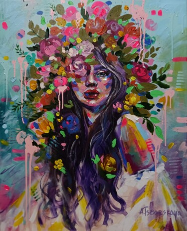 Картина под названием "Women with flowers…" - Aliaksandra Tsesarskaya, Подлинное произведение искусства, Акрил Установлен на…