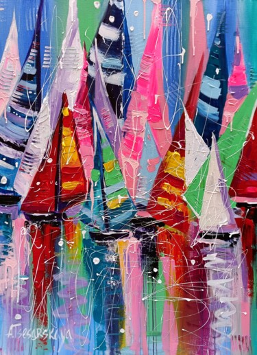 Картина под названием "Sailboats - colorfu…" - Aliaksandra Tsesarskaya, Подлинное произведение искусства, Акрил Установлен н…