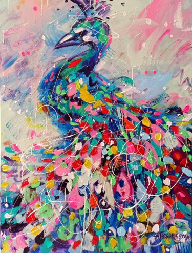 Pintura titulada "Colorful peacock" por Aliaksandra Tsesarskaya, Obra de arte original, Acrílico