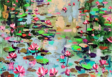 Pintura titulada "Lake with water lil…" por Aliaksandra Tsesarskaya, Obra de arte original, Acrílico Montado en Bastidor de…