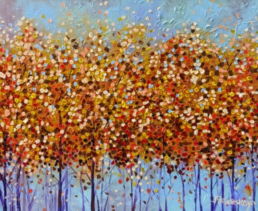 Painting titled "Golden autumn trees…" by Aliaksandra Tsesarskaya, Original Artwork, Acrylic Mounted on Wood Stretcher frame