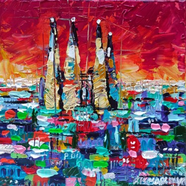 Картина под названием "Sunset in Barcelona" - Aliaksandra Tsesarskaya, Подлинное произведение искусства, Акрил