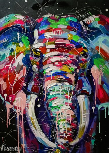 Painting titled "Elephant - colorful…" by Aliaksandra Tsesarskaya, Original Artwork, Acrylic