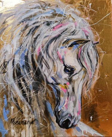 Картина под названием "White horse - horse…" - Aliaksandra Tsesarskaya, Подлинное произведение искусства, Акрил Установлен н…