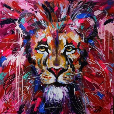 Malerei mit dem Titel "The King lion - por…" von Aliaksandra Tsesarskaya, Original-Kunstwerk, Acryl Auf Keilrahmen aus Holz…