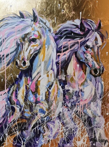 Painting titled "White horses in wat…" by Aliaksandra Tsesarskaya, Original Artwork, Acrylic Mounted on Wood Stretcher frame