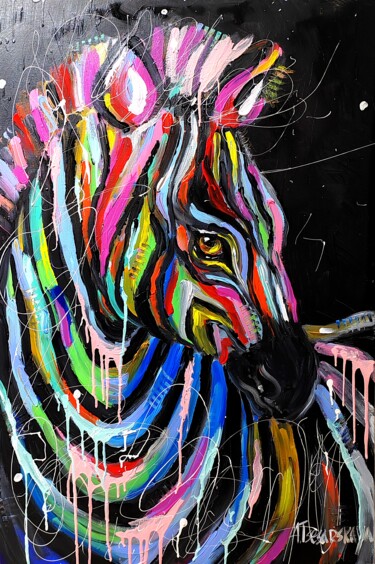 Картина под названием "Wild zebra - colorf…" - Aliaksandra Tsesarskaya, Подлинное произведение искусства, Акрил