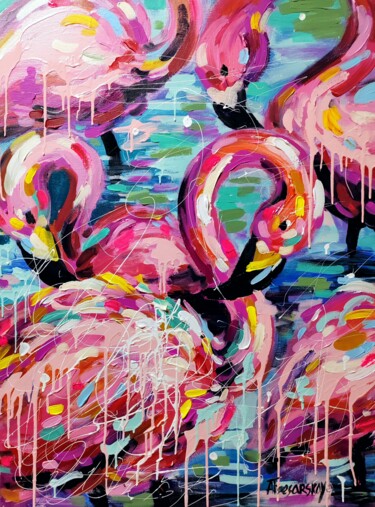 绘画 标题为“Pink Flamingo - col…” 由Aliaksandra Tsesarskaya, 原创艺术品, 丙烯 安装在木质担架架上
