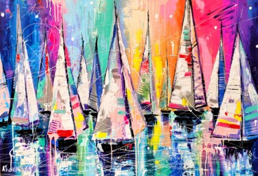 Painting titled "Colorful sailboats…" by Aliaksandra Tsesarskaya, Original Artwork, Acrylic Mounted on Wood Stretcher frame