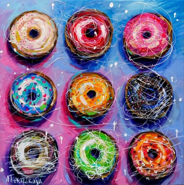 Donuts dessert - colorful donuts painting Pintura intitulada "Donuts dessert - co…" por Aliaksandra Tsesarskaya, Obras de arte originais, Acrílico