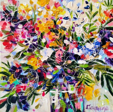 Peinture intitulée "Abstract flowers in…" par Aliaksandra Tsesarskaya, Œuvre d'art originale, Acrylique Monté sur Châssis en…