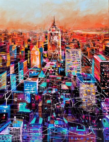 Schilderij getiteld "Sunset in New York…" door Aliaksandra Tsesarskaya, Origineel Kunstwerk, Acryl