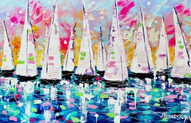Malarstwo zatytułowany „Summer sailboats” autorstwa Aliaksandra Tsesarskaya, Oryginalna praca, Akryl Zamontowany na Drewnian…