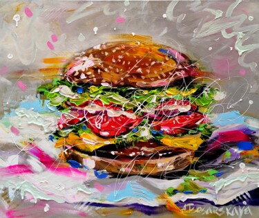 Painting titled "Hamburger - fast fo…" by Aliaksandra Tsesarskaya, Original Artwork, Acrylic Mounted on Wood Stretcher frame