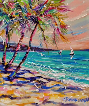 Painting titled "Tropical beach" by Aliaksandra Tsesarskaya, Original Artwork, Acrylic Mounted on Wood Stretcher frame