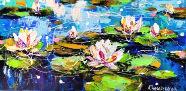 Painting titled "Lilies - colorful w…" by Aliaksandra Tsesarskaya, Original Artwork, Acrylic Mounted on Wood Stretcher frame