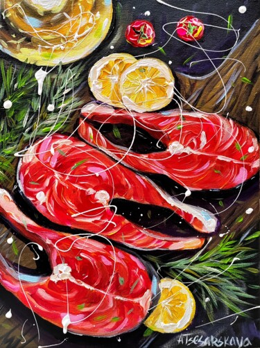 Malarstwo zatytułowany „Salmón - food paint…” autorstwa Aliaksandra Tsesarskaya, Oryginalna praca, Akryl Zamontowany na Drew…