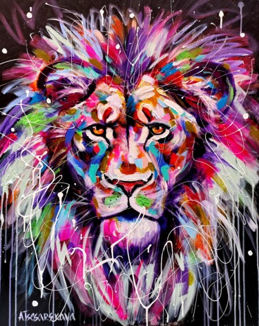 绘画 标题为“Lion - vild animal…” 由Aliaksandra Tsesarskaya, 原创艺术品, 丙烯 安装在木质担架架上