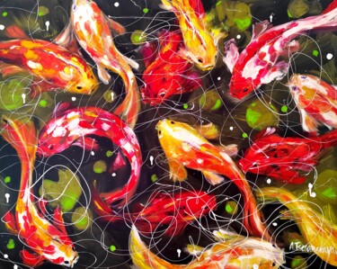 Картина под названием "Koi fish in lake" - Aliaksandra Tsesarskaya, Подлинное произведение искусства, Акрил Установлен на Де…