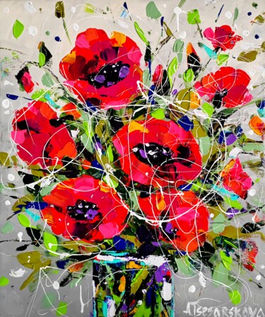 Pintura titulada "Poppies in vase - c…" por Aliaksandra Tsesarskaya, Obra de arte original, Acrílico