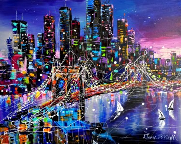 Картина под названием "New York in night,…" - Aliaksandra Tsesarskaya, Подлинное произведение искусства, Акрил Установлен на…