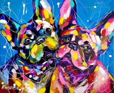 Schilderij getiteld "Happy puppies - fre…" door Aliaksandra Tsesarskaya, Origineel Kunstwerk, Acryl Gemonteerd op Frame voor…