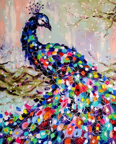 Картина под названием "Peacock - bird pain…" - Aliaksandra Tsesarskaya, Подлинное произведение искусства, Акрил