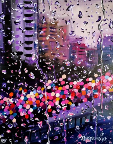 Pintura intitulada "Rainy day in the ci…" por Aliaksandra Tsesarskaya, Obras de arte originais, Acrílico Montado em Armação…