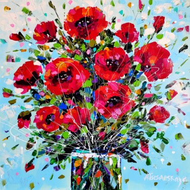 Картина под названием "Poppies - textured…" - Aliaksandra Tsesarskaya, Подлинное произведение искусства, Акрил Установлен на…