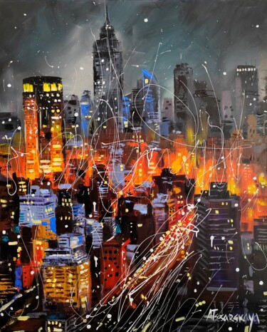 Pintura intitulada "New York in night l…" por Aliaksandra Tsesarskaya, Obras de arte originais, Acrílico Montado em Armação…
