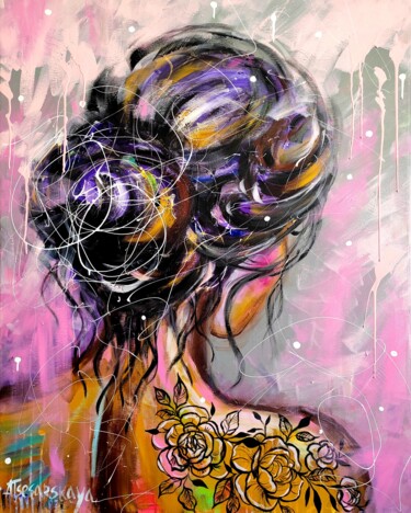 「Girl with tattoo」というタイトルの絵画 Aliaksandra Tsesarskayaによって, オリジナルのアートワーク, アクリル ウッドストレッチャーフレームにマウント